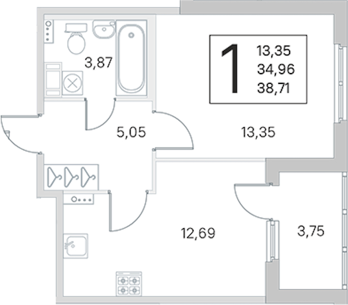 1-комнатная квартира 34.96 м², 2/4 эт., ЖК «Любоград в Стрельне»